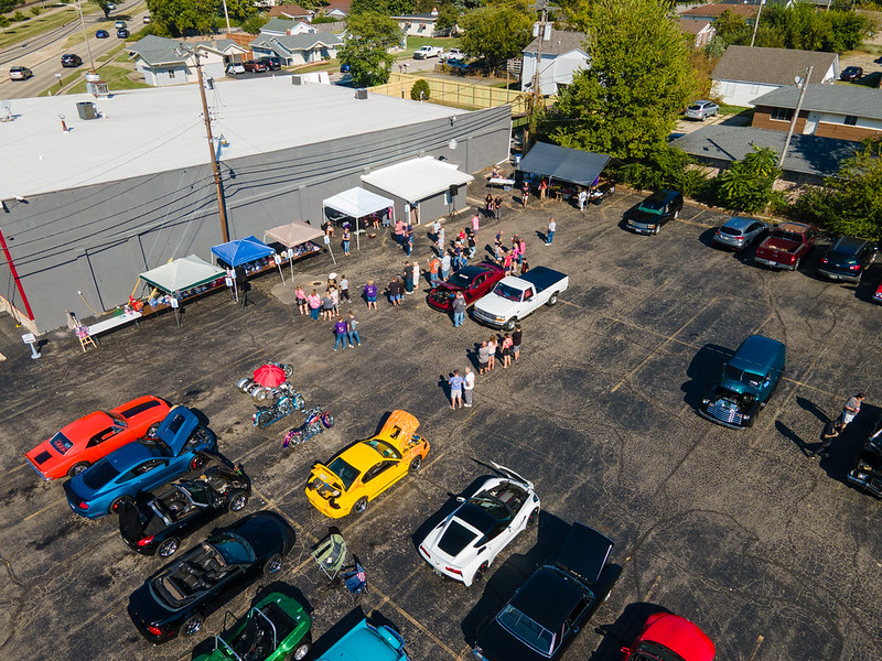 2025 Moose Car Show, aerial view of cars in parking lot